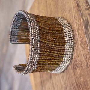 Vintage Copper & Sparkly Brown Hues Wide Seed Bead Wire Work Cuff Bracelet